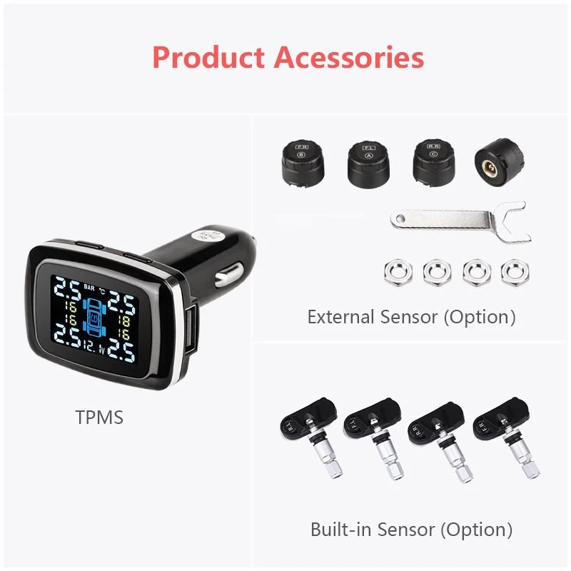 Develuck Car TPMS Cigarette Lighter Digital Tire Pressure Monitoring System USB Port Security Alarm & IP68 Waterproof Sensors