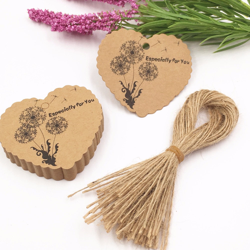 100pcs DIY Kraft Paper Tags Brown Heart Shape Label Luggage Wedding Note Blank price Hang tag Kraft Gift tags+100pcs strings