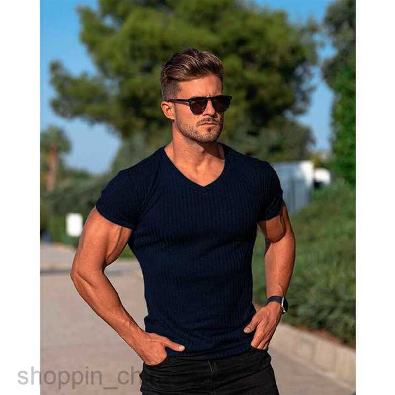 Men's T Shirts Summer Sports Fitness Leisure Solid V Neckline Short Sleeve Men tees tops