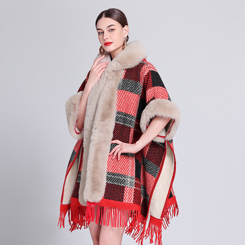Lining Velvet Cardigan Outstreet Tassel Coat With Hat Oversize Mantle Women Winter Thick Cloak Fake Fur Collar Loose Poncho Cape