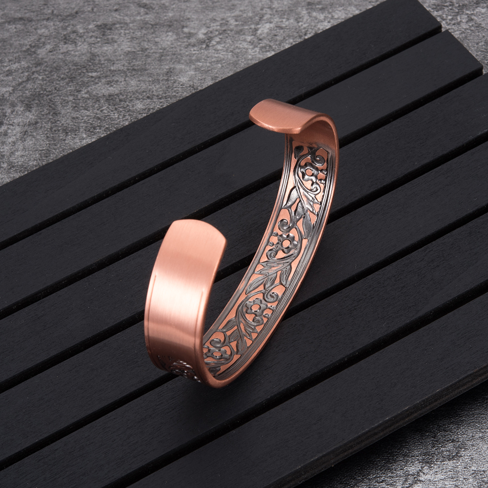 Vinterly Magnetic Copper Bracelets Men Wide Health Energy Magnet Vintage Flower Adjustable Open Cuff Bangles for Women Resizable
