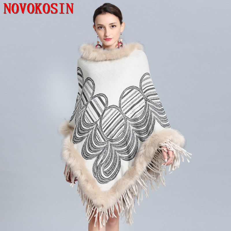 Winter Women Long Triangle Faux Cashmere Oversize Round Pattern Streetwear Shawl Knitted Poncho Cape Fur Loose Tassel Pullover