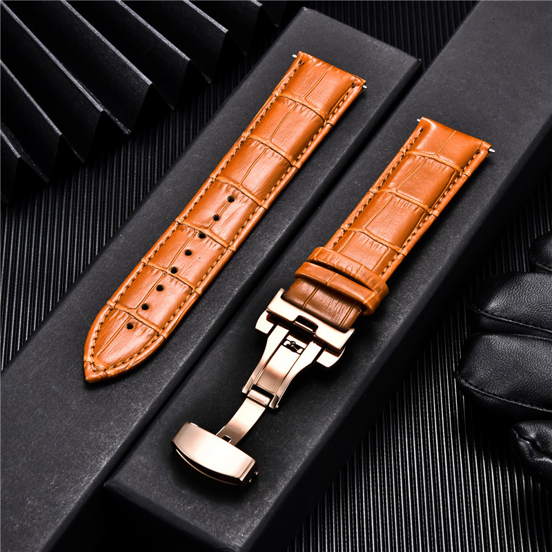 Bamboo Pattern Leather Watch Band Strap with Automatic Butterfly Deployment Clasp 20mm Straps Watch Accessories
