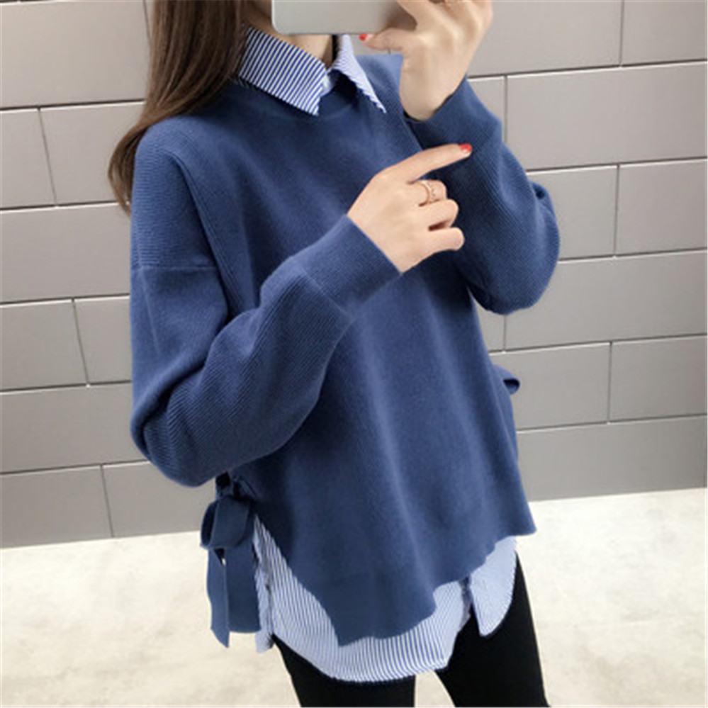 Pullover Women Solid Spring Lace Up Stylish Side-slit Korean Style Leisure Plus Size 3XL Loose Womens Sweaters All-match Tops