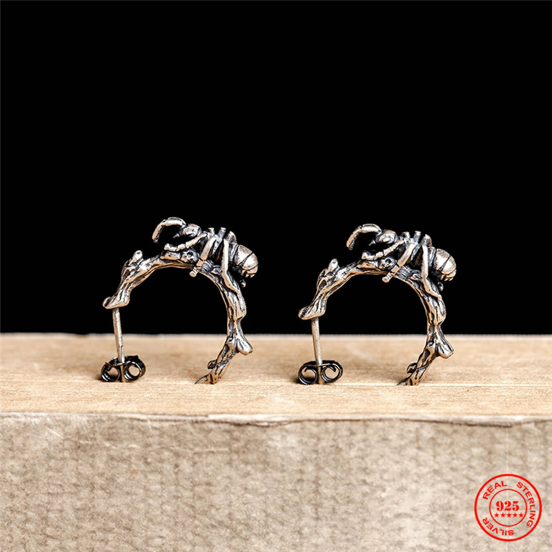 MKENDN Personalized Design Vintage 100% 925 Sterling SIlver Ants On The Tree Stud Earring Men Women Gothic Circle Dark Jewelry