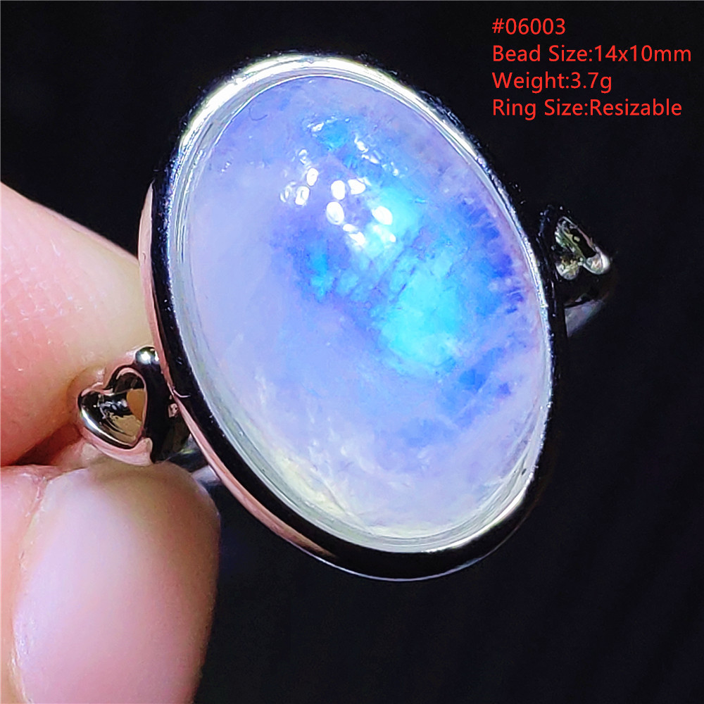 Natural Moonstone Blue Light Adjustable Ring Woman Crystal 14x10mm Oval 925 Sterling Silver Moonstone Beads Stone AAAAA