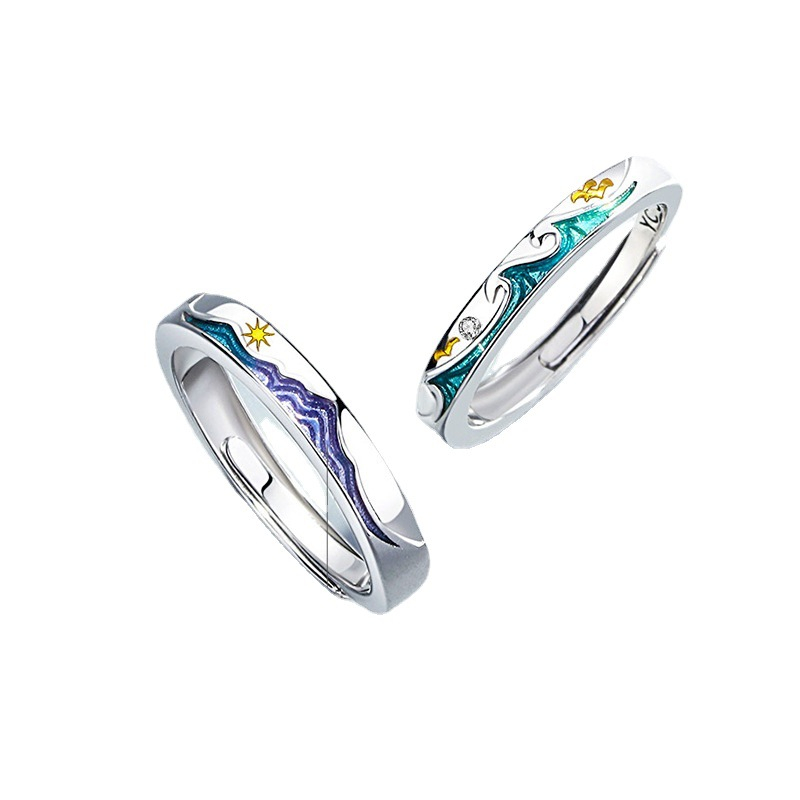 Sole Memory Color Drip Glaze Couple Gift Wave Vow Silver Color Female Resizable Opening Rings SRI962