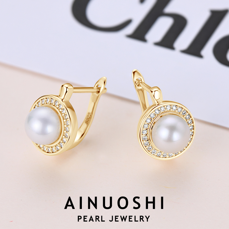 AINUOSHI 7mm Freshwater Pearls Hoop Earring For Women 925 Sterling Silver Original Certified Moissanite Pearl Earrings Jewelry