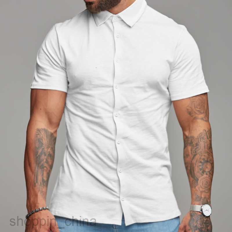 Men's Casual Shirts New Male slim fitting solid color collar casual imitation cotton shirt short sleeved youth men clothing tops