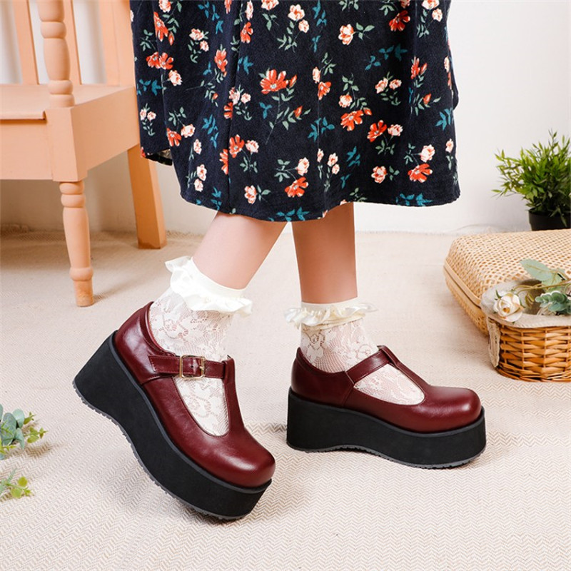 PXELENA JK Japanese Harajuku Women Cosplay Punk Gothic Creepers T tied Chunky Platform Thick Sole LO Shoes Lady Student Pumps 48