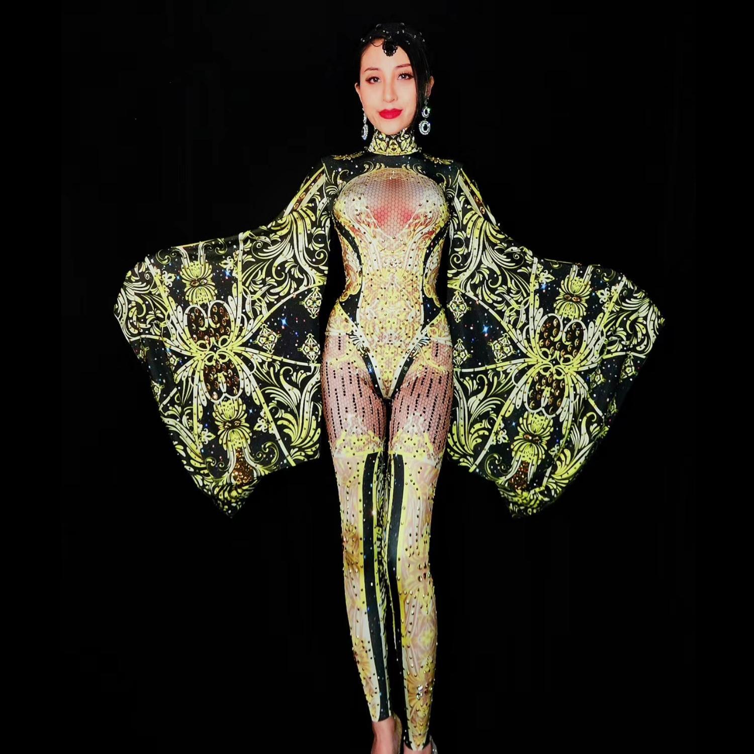 Gold Rhinestones Jumpsuit Women Sexy Leotard Big Sleeve Stage Costumes Singer Performance Outfits Dancer Rompers 2024 Nvhuang