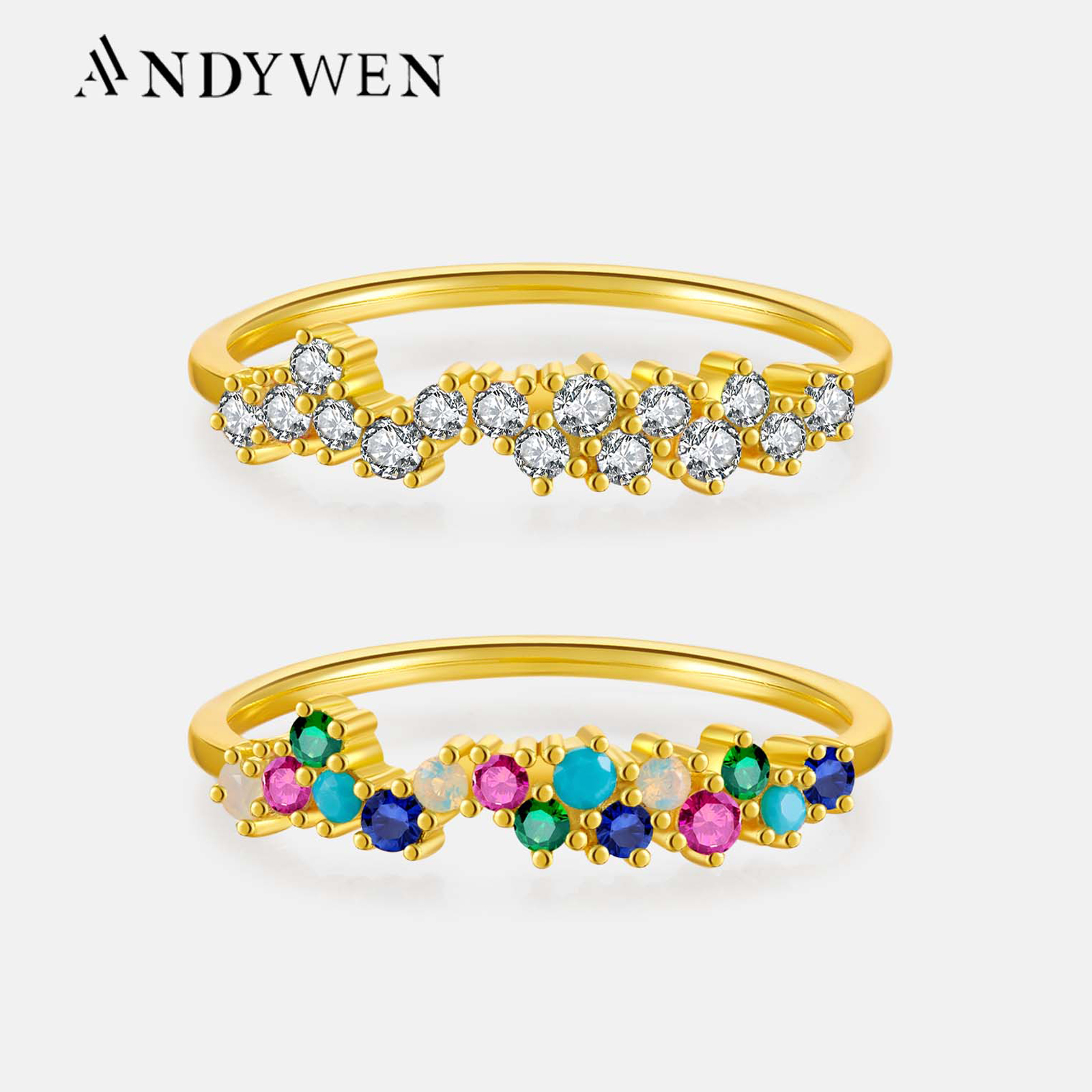 ANDYWEN 100% 925 Sterling Silver Guadaloupe Simple Sparkle Tutti Frutti Ring Clear Rainbow Women Wedding Jewelry Circle Luxury