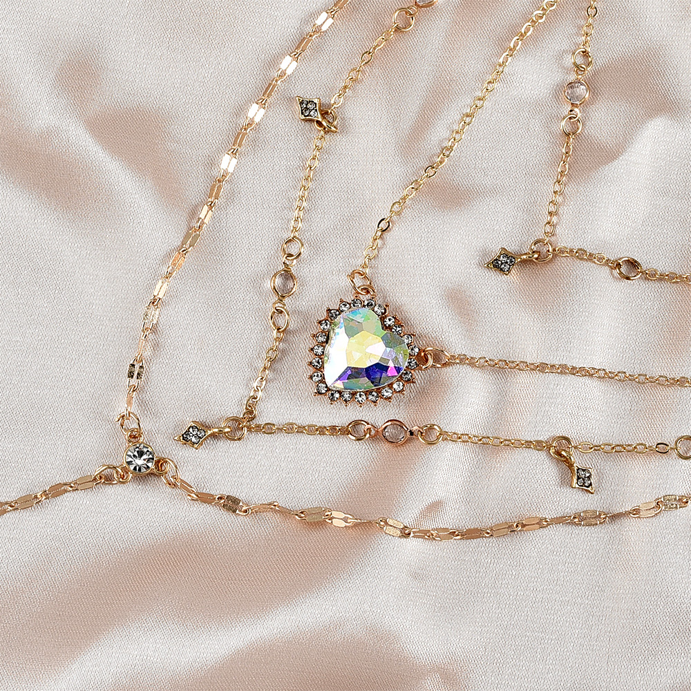 Boho Vintage Gold Color Necklaces For Women Heart Shape Crystal Star Pendant Necklace Multilayer Female Jewelry Valentine Gift