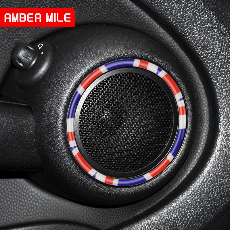 AMBERMILE 5pcs/set For Mini Cooper R55 Hatchback Accessories Mini One R56 Clubman Interior Door Audio Speaker Sticker Styling