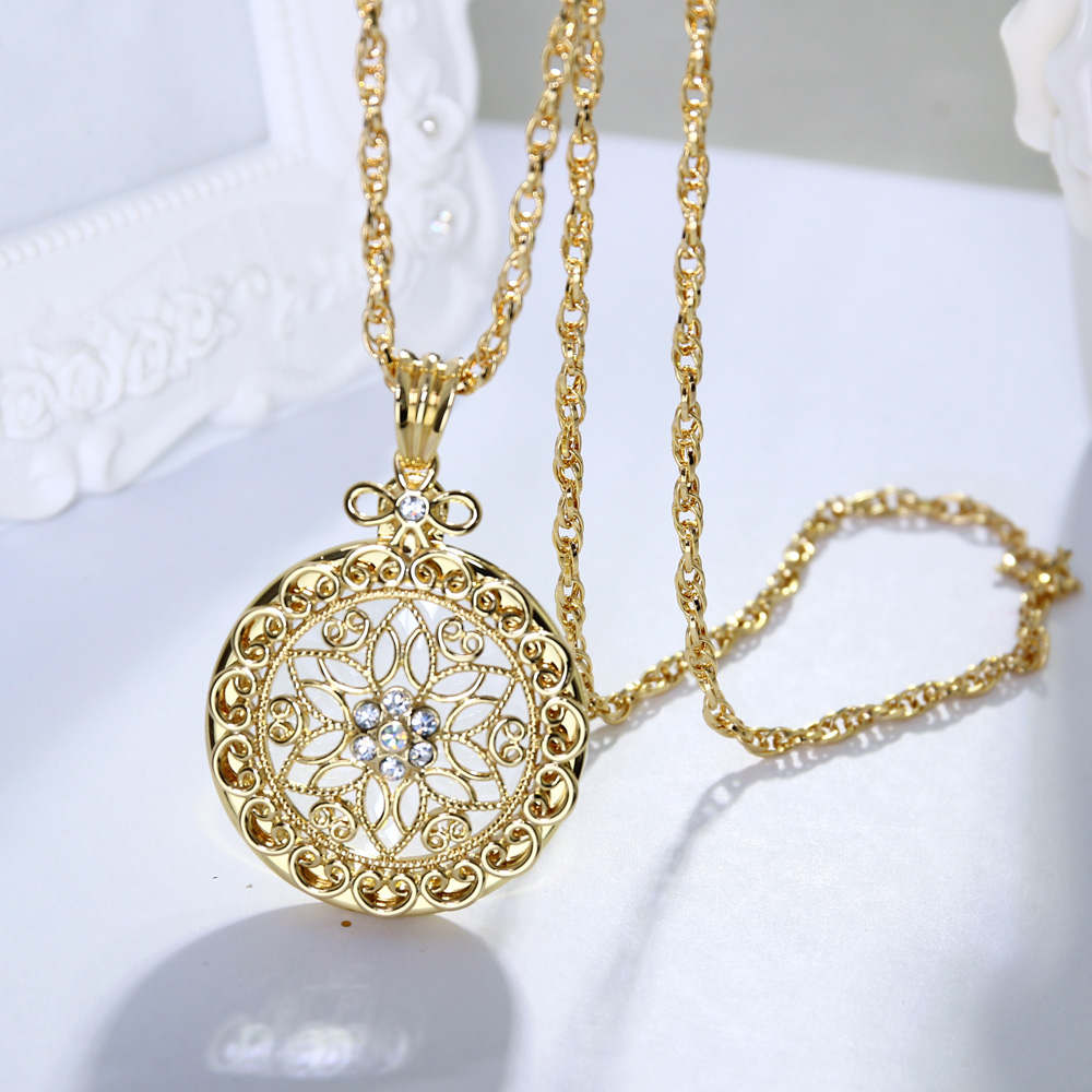 DreamCarnival 1989 Long Chain Necklace Romantic Crystal Rose Flower Pendant Rhodium Gold Color Gift for Parents Mum Reading Len