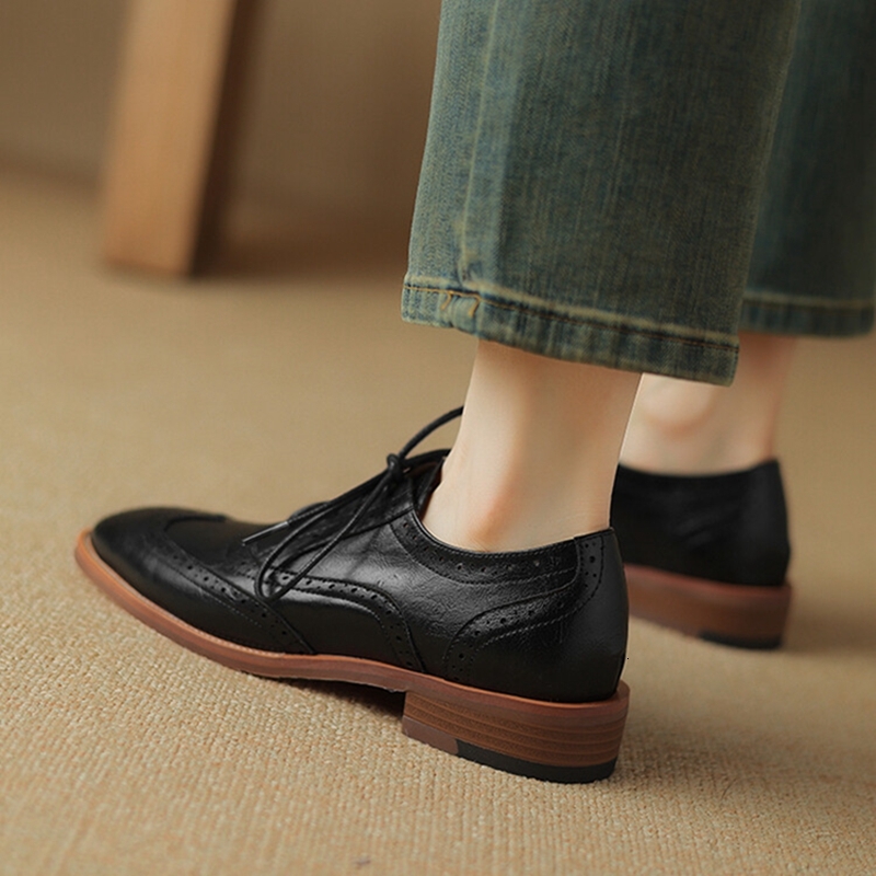 NEW Spring/Autumn Oxfords Split Leather For Women Brogues Vintage Lace Up Loafers Handmade Black Plus Size Shoes