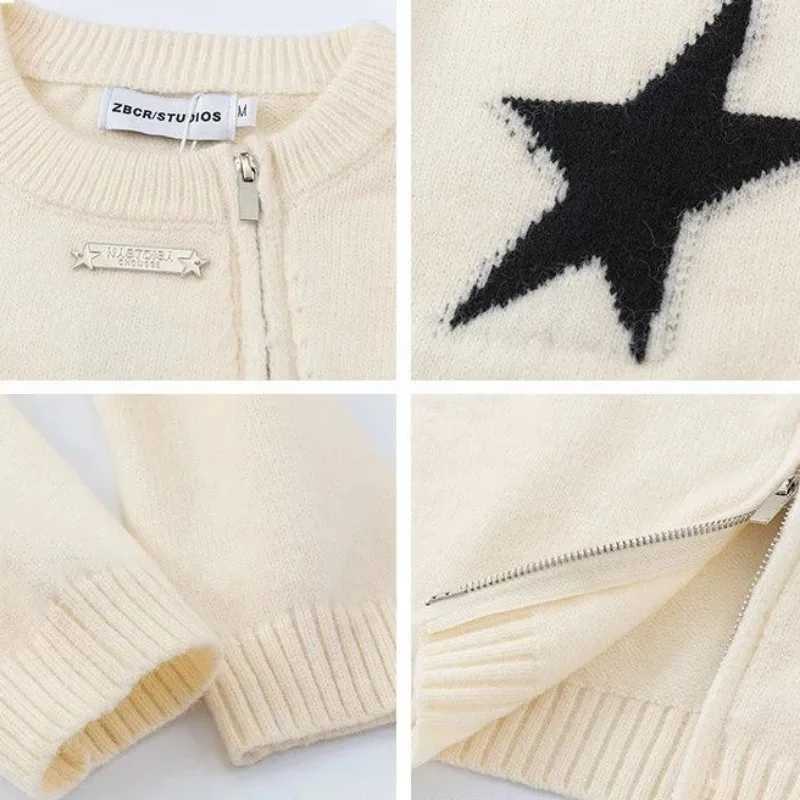Men's Sweaters Vintage Star-print Knitted Sweaters Lrregular Zip Cardigan Men Women Loose Knit Tops Casual Jumpers Autumn Jacket Strtwear Y240622