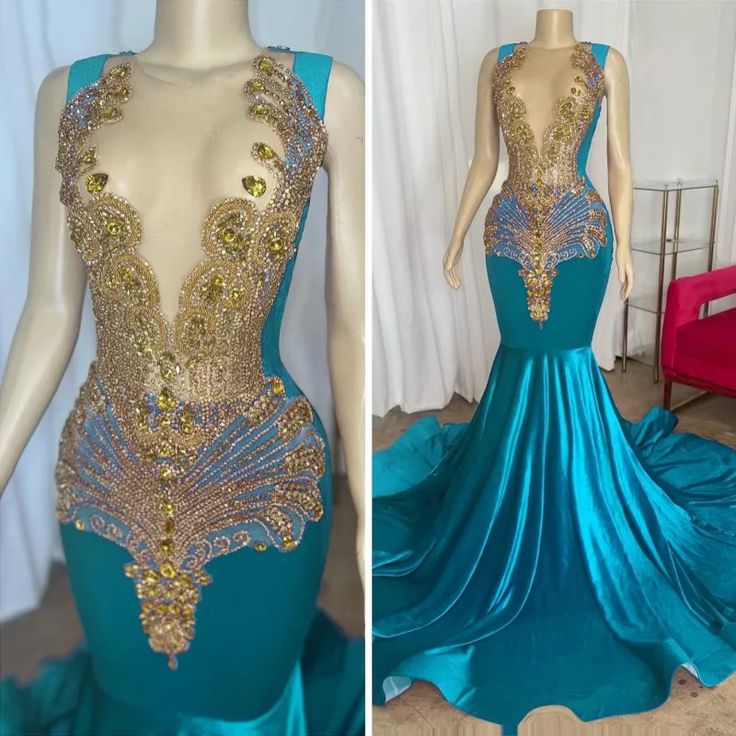 Elegant Turquoise Prom Dresses For Black Girls 2024 Gold Rhinestone Crystal Beaded Velvet Mermaid Celebrity Party Gowns Evening Dress Vestidos De Fest
