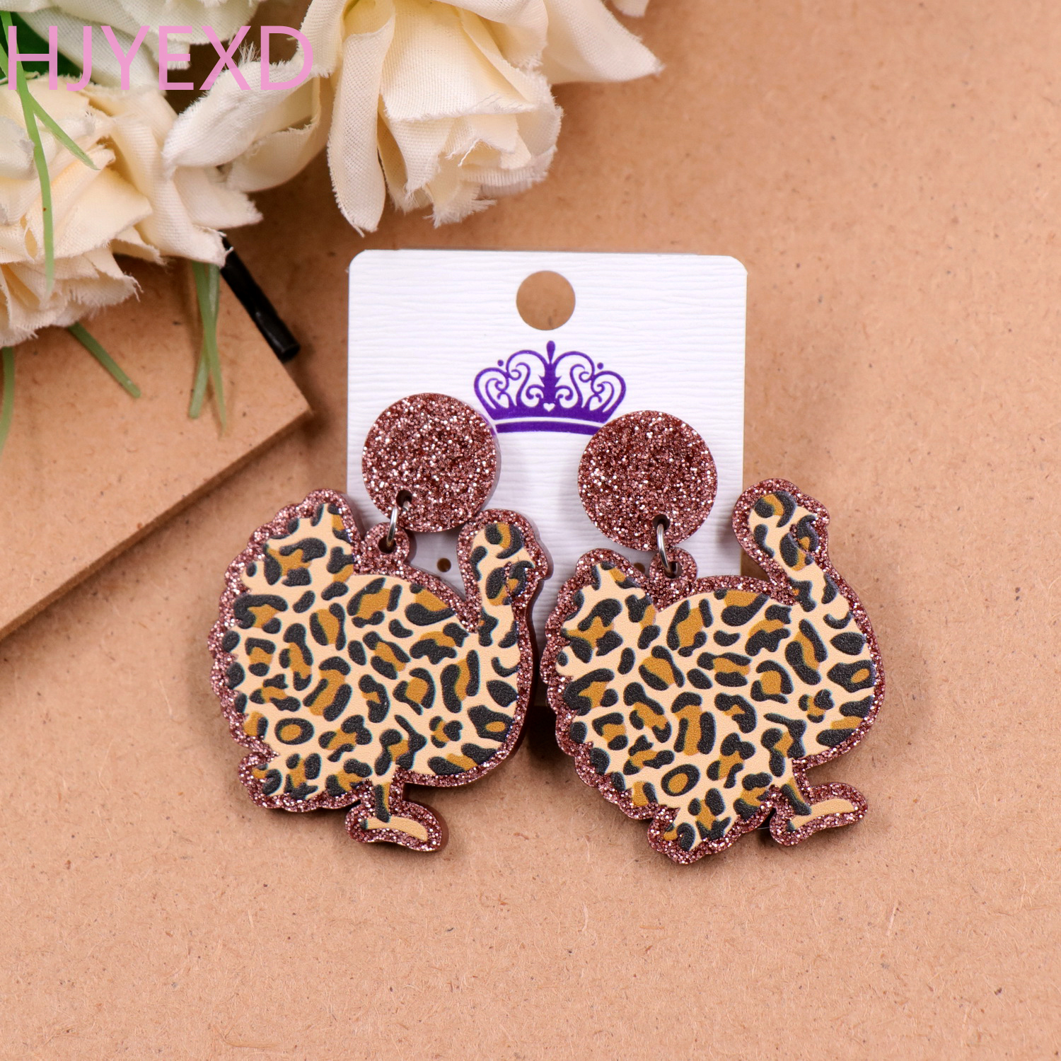 Christmas Turkey Drop Earrings Leopard Print Laser Cut Glitter Acrylic Earrings