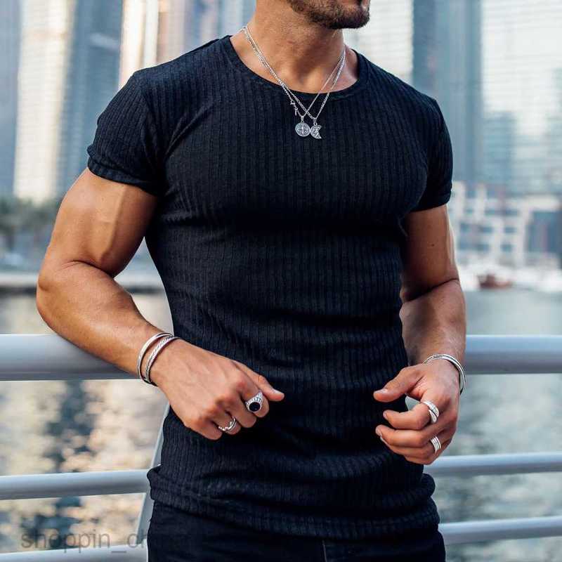 Men's T Shirts summer sports fitness leisure stand collar elastic vertical round neck short sleeve T-shirt tees tops