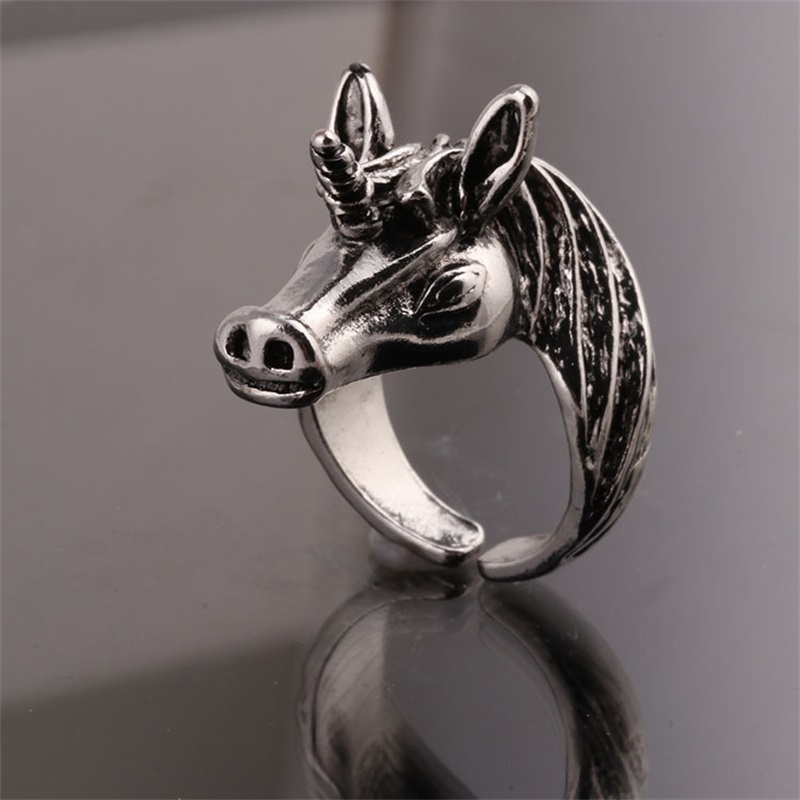 1PC European And American Men's Retro Animal Unicorn Horse Head Ring Opening Adjustable Alloy Ring Banquet Party Jewelry Gift