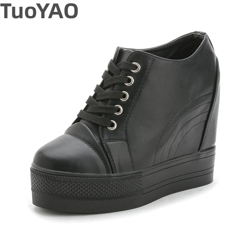 11cm PU Leather Platform Wedge Chunky Sneaker Hidden Heels Casual Pumps Breathable New Spring Autumn High Brand Vulcanize Shoes