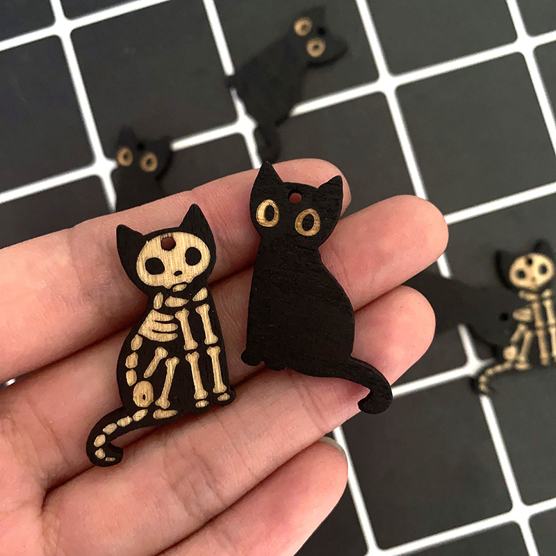 10pcs Kawaii Wood Made Black Cats Halloween Charms Diy Earring Pendant Accessory Cool Cute Skull Cat Jewelry Making Base