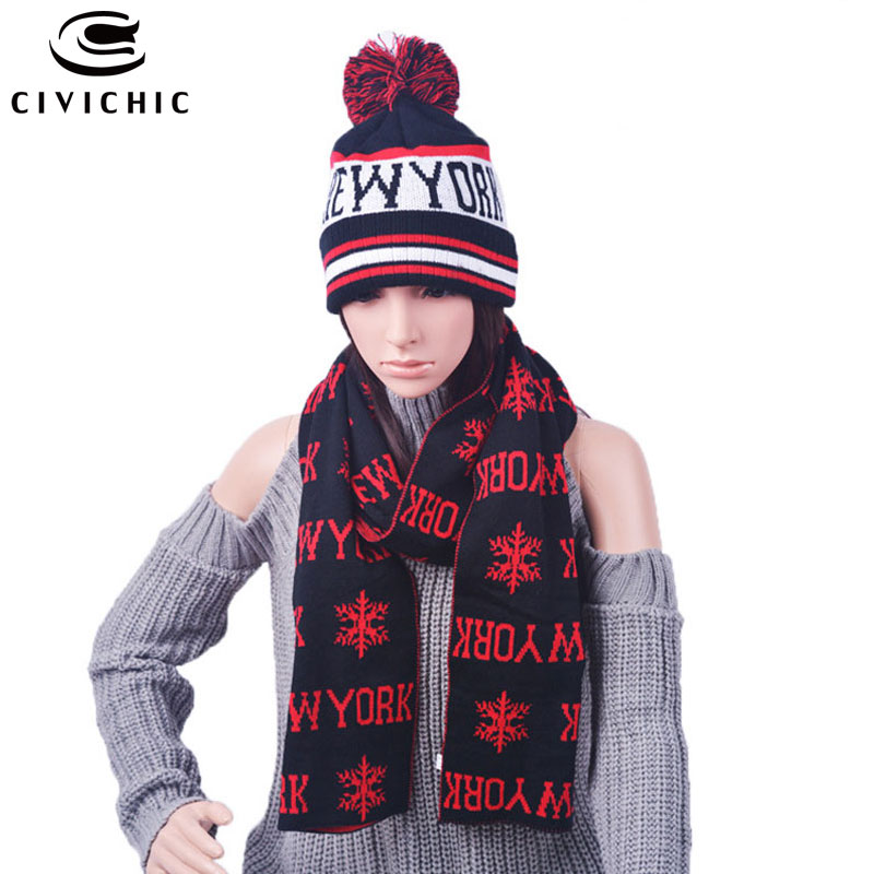 CIVICHIC Unisex Warm Faux Wool Knit Hat Scarf Set Man/woman Christmas Gift Cap New York Print Thicken Headwear Neck Shawl SH108