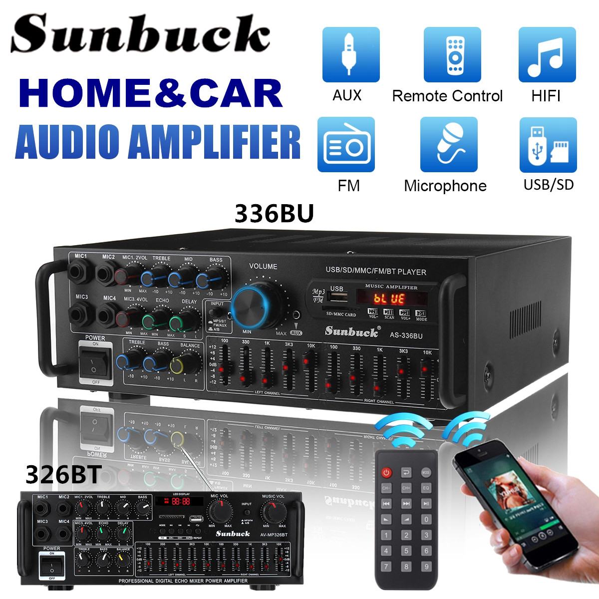 NEW 2000W Bluetooth Stereo Amplifier Surround Sound USB SD AMP FM DVD AUX LCD Display Home Cinema Karaoke Remote Control 336BU