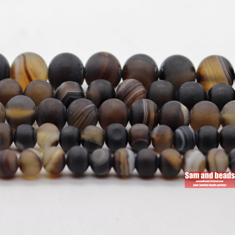 Factory Price Natural Stone Dull Polish Matte Coffee Black Stripe Agates Round Loose Beads For Bracelet Necklace Making DMS14