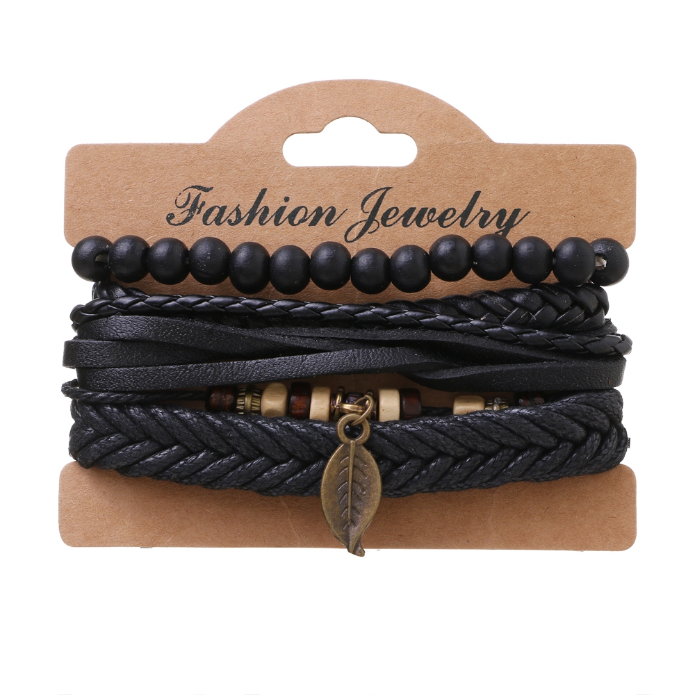 DAXI 4Pcs/set Adjustable Leather Woven Bracelets Set For Man Bronze leaves Black Beads Bracelet Vintage Gothnic Jewelry Gifts