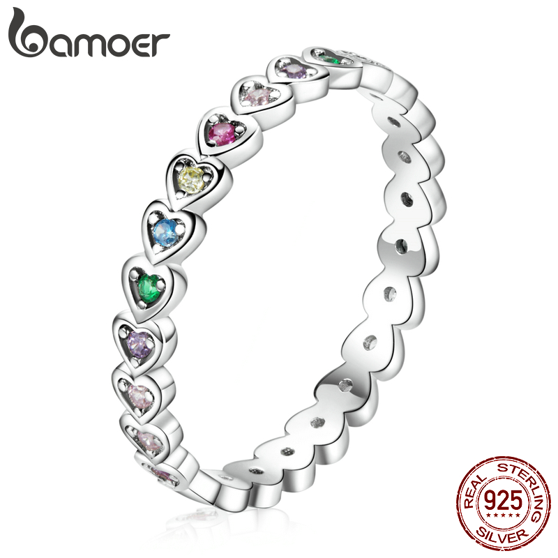 BAMOER Silver Rainbow Love Ring Crystal Heart 925 Sterling Silver Jewelry Enamel Colorful Stars Ring for Women Wedding Jewelry