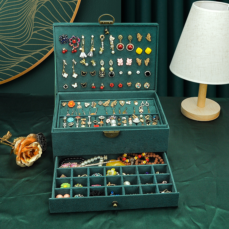 New Style Luxury Jewelry Boxes 3 Layers With Lock Large Space Organizer For Ring And Necklace Velvet Jewelry Holder 4 Color