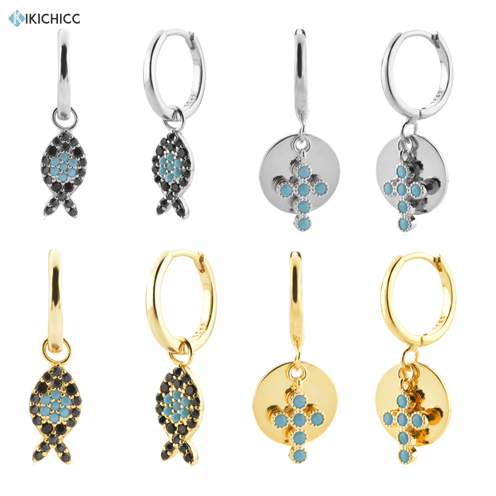 KIKICHICC 925 Sterling Silver Gold Cross Coins Fish Black Turquoise Drop Earring Rainbow Eye Piercing Pendientes Women Clips