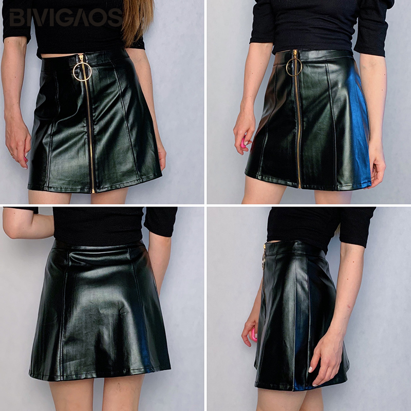 BIVIGAOS New Women's Large Ring Zipper PU Leather Skirt A-line Black High Waist Skirt Women Gothic Mini Skirt
