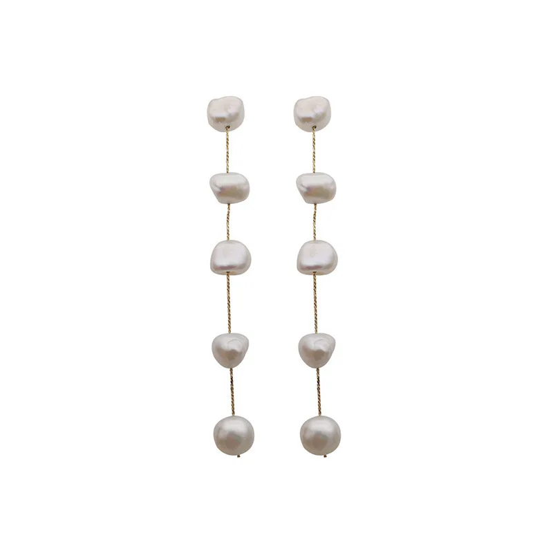 Minar Elegant Irregular Freshwater Pearl Earring for Women Gold Color Chain Thread Long Tassel Dangle Earrings Wedding Jewelry