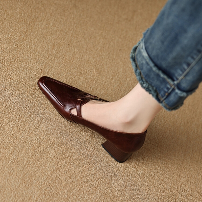 NEW Spring/Autumn Loafers Genuine Leather For Square Toe Chunky Shoes Concise Buckle Low Heel Women Pumps