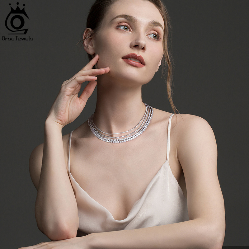ORSA JEWELS Solid 925 Sterling Silver Women Men Tennis Choker Chain Round Cut Cubic Zirconia Tennis Chain Necklace Jewelry SC45