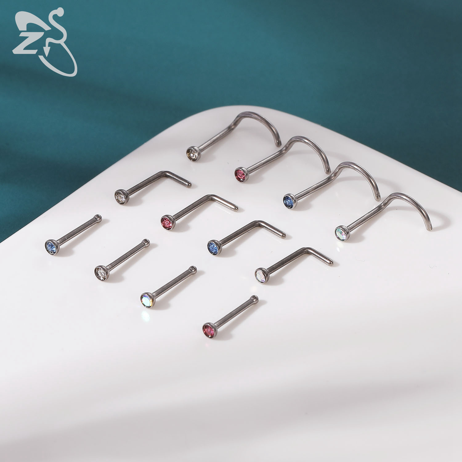 ZS 3-4pcs/lot G23 Titanium Nose Piercing Set 2/3MM Round CZ Crystal Nose Studs 20g Screw Bone L-Shaped Nostril Piercing Jewelry