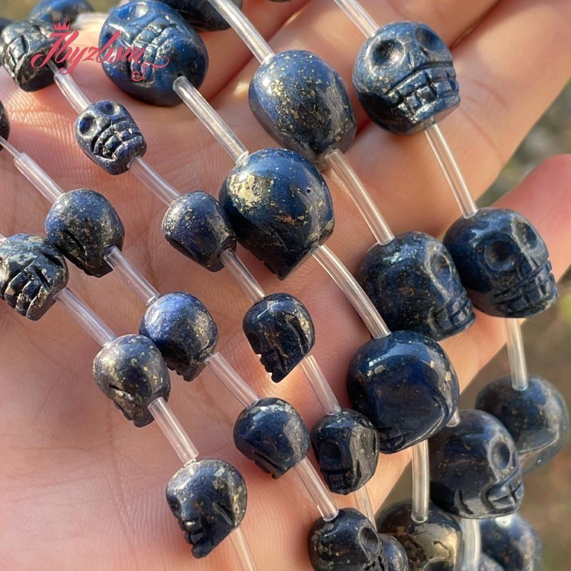 Skull Blue Lazuli Lapis Beads Natural Stone Spacer Loose Beads for Women Men DIY Necklace Bracelet Rings Jewelry Making 15"