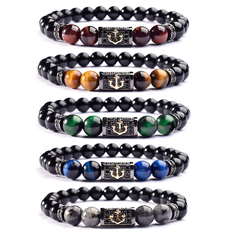 Luxury Men Bead Bracelet Pave Cubic Zirconia Stone 8mm Tiger Eye Beads Charm Anchor Bracelet For Men Jewelry Pulsera Hombre Gift