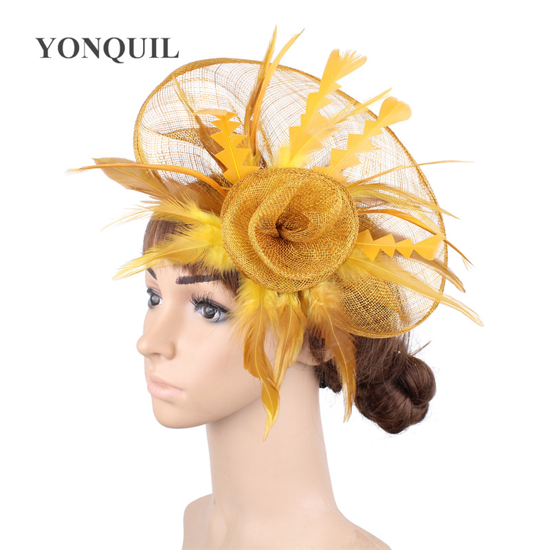 Gold Millinery Cocktail Sinamay Fascinators Feather Flowers Bridal Hair Accessories Party Hats Wedding Hat High Quality SYF470