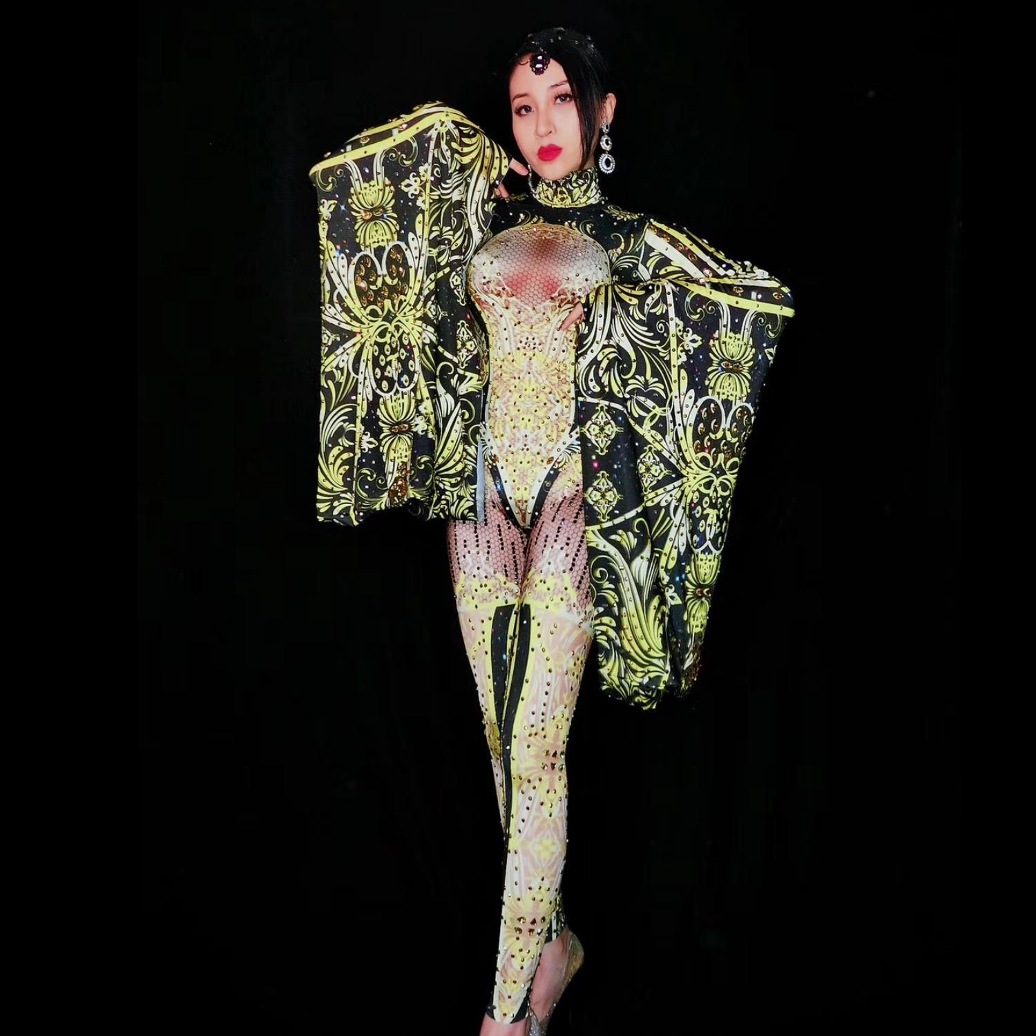 Gold Rhinestones Jumpsuit Women Sexy Leotard Big Sleeve Stage Costumes Singer Performance Outfits Dancer Rompers 2024 Nvhuang