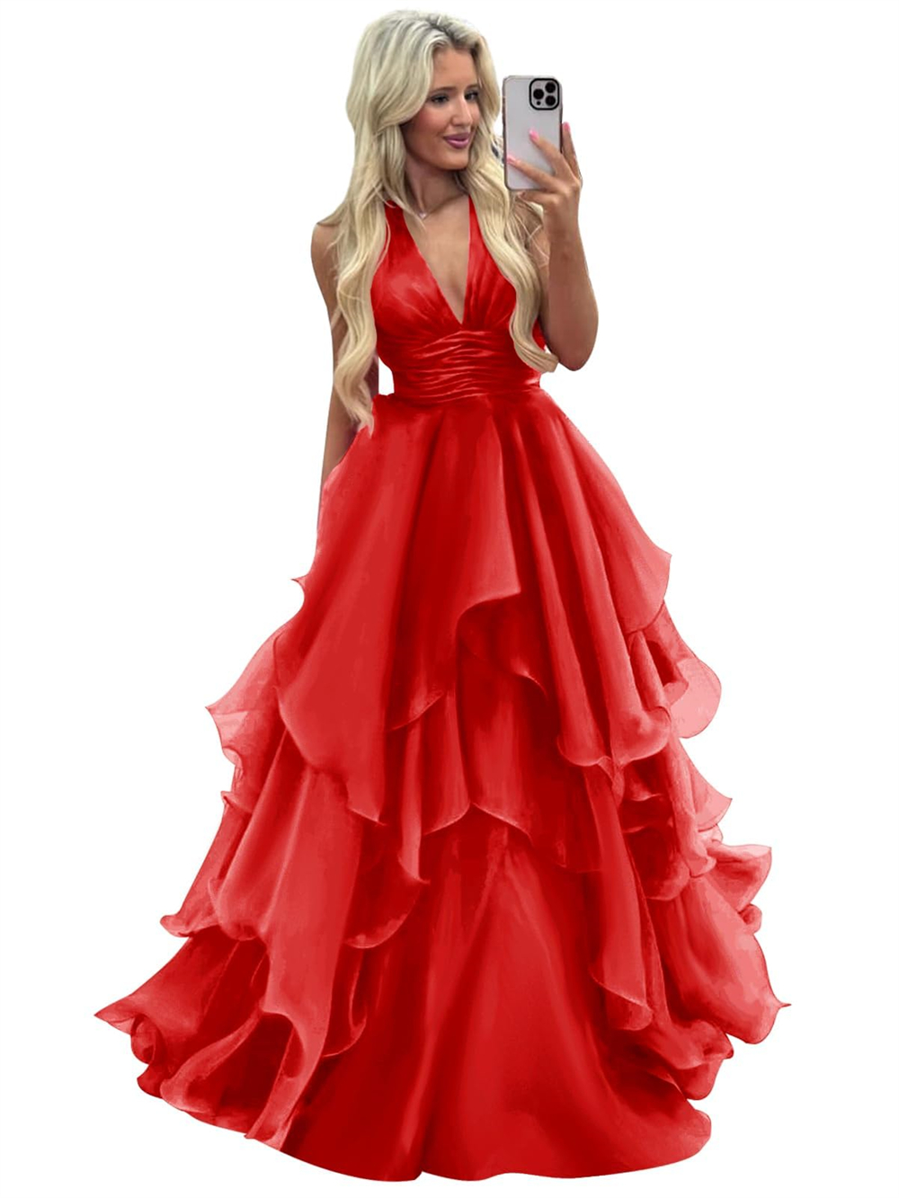 Long Prom Dresses Deep V-Neck Pleats Ball Gown Organza Plus Size Formal Occasion Evening Party Gown Pd20