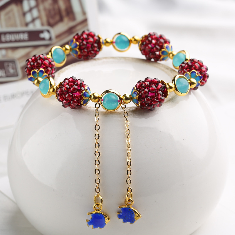 Genuine Natural Wine Red Garnet Bracelets For Women Braided Bracelet WIth Fishes Charm Birthday Gift Handmade Crystal Jewelry