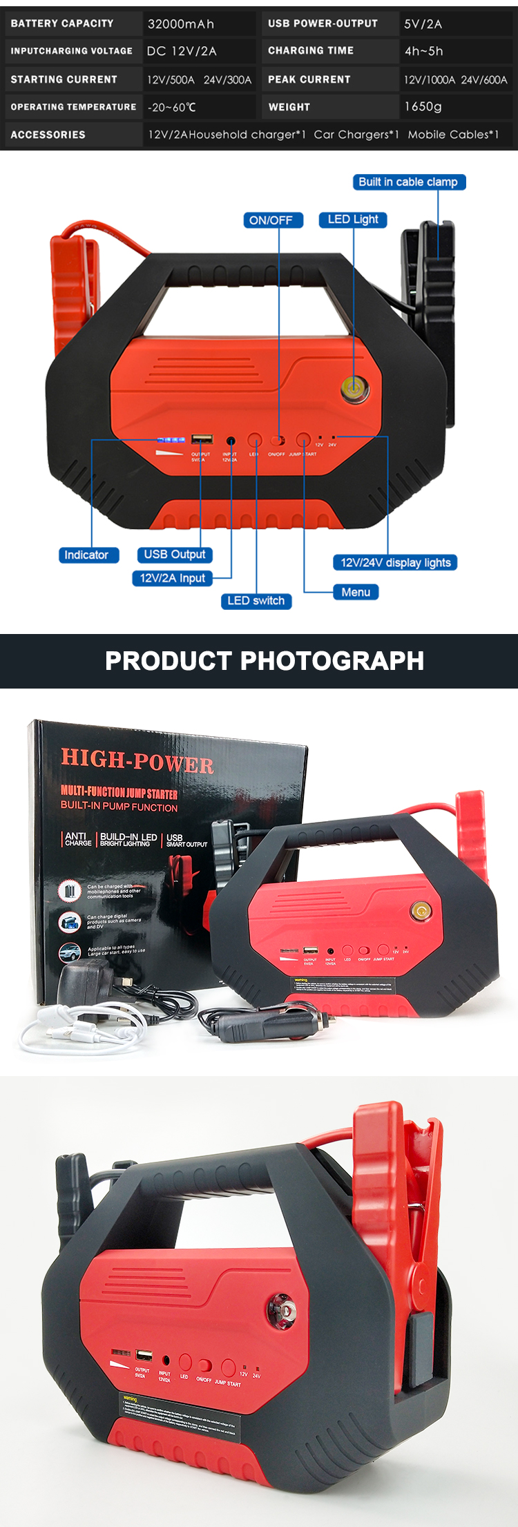 40000mAh Real Capacity Portable Car Jump Starter Power Bank For 6.0 Gasoline and 3.0L Diesel Vehicles SOS Troch Jump Starter