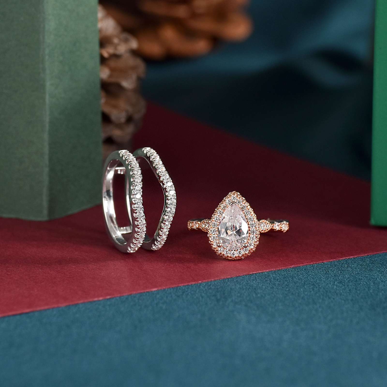 Newshe Yellow & Rose Gold 925 Sterling Silver Pear Shaped Engagement Ring Enhancer Wedding Band Simulated Diamond AAAAA CZ