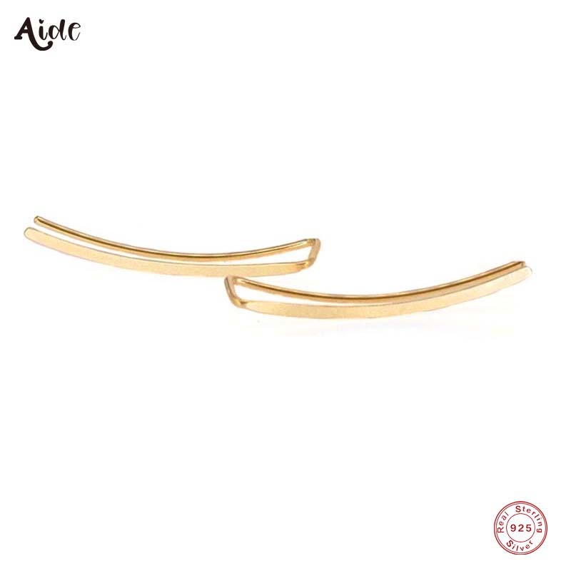 Aide 925 Sterling Silver Smooth Long Line Ear Climber Stud Earrings For Women Minimalist Ear Crawlers Studs Piercing Jewelry