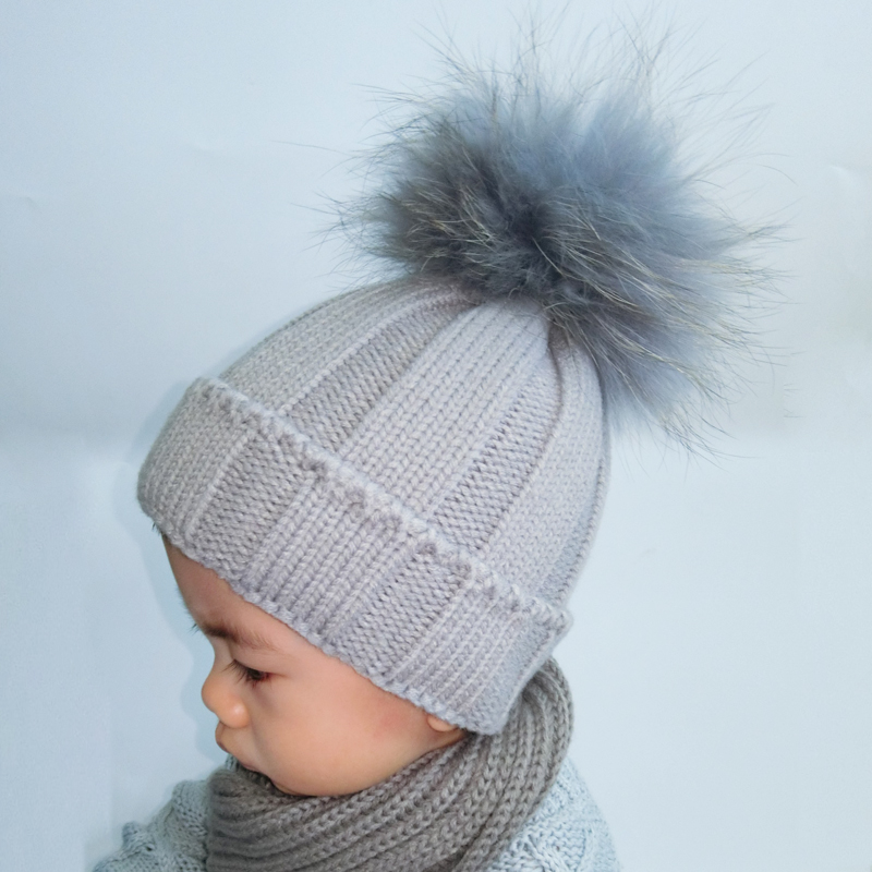 Baby Skullies Beanies Winter Hat For Kids Girls Boys Colors Real Fur Pompom Hat Knitted Beanie Cap