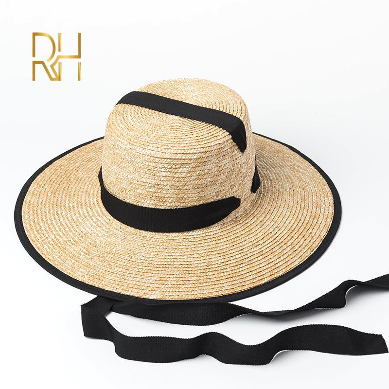 New Stylish Flat Top Boater Straw Hat Big Outdoor Gold Eyelets Sunshade Spring Summer Wheat Straw Hat With Black Red Band RH